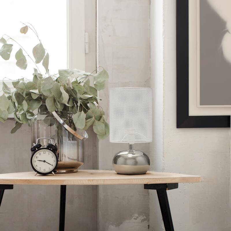 Mini Ceramic Table Lamp with White Mesh Shade - 10" - Chrome Finish