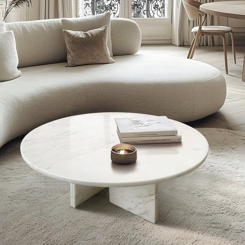 Premium Luxury Solid-Cut Natural Marble Round Coffee Table, Natural, Glossy