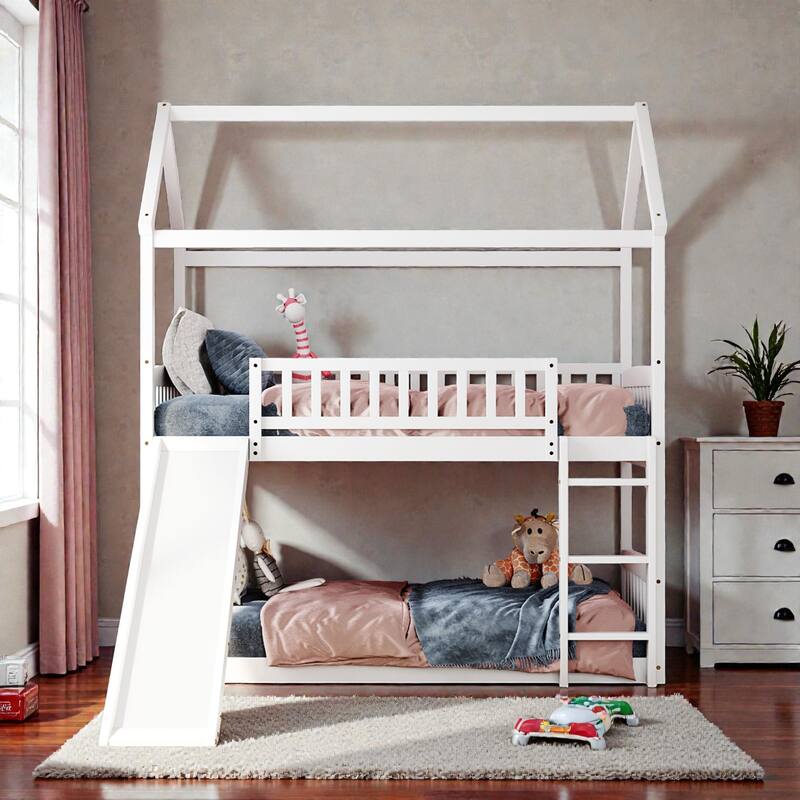 Twin Over Twin House Bunk Bed with Slide, Solid Wood Frame, Safety Rails, Space-Saving Kids Bed - White - Twin