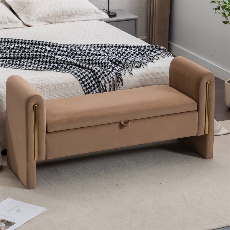 Storage Bench Bedroom Bench With Gold Metal Trim Strip For Living Room