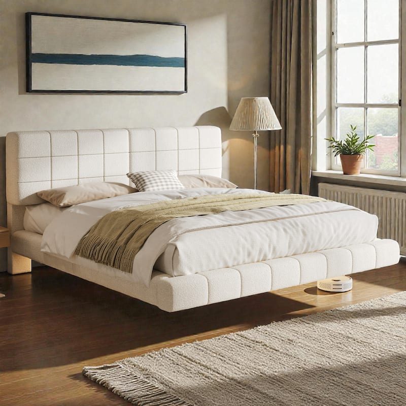 White Boucle Floating Bed Frame with LED Light Strip, Anti-Collision Corners, Easy-Clean Design, Queen/King Upholstered Bed
