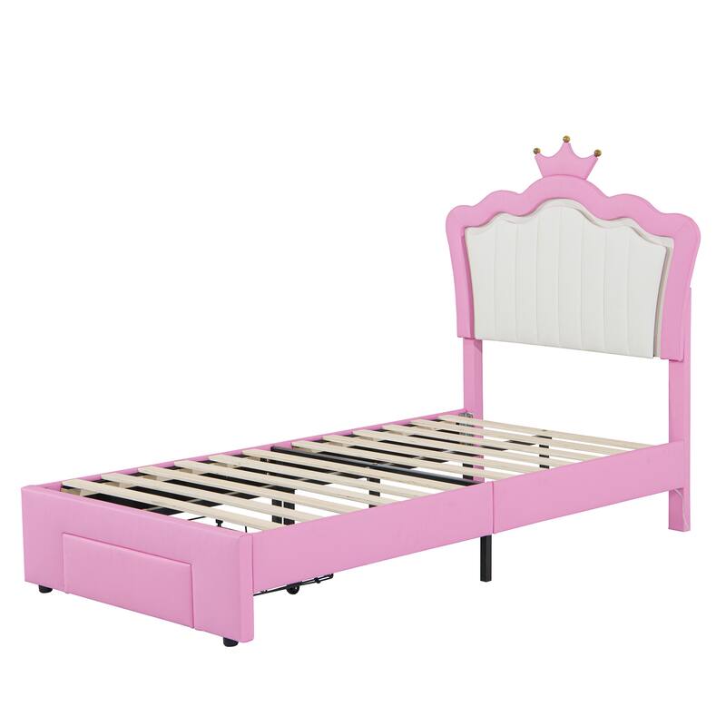 Twin Size Upholstered Bed Frame with LED Lights, Crown Headboard, and Drawer in Pink and White