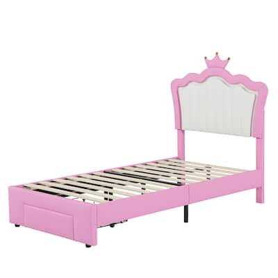Twin Upholstered Bed Frame with LED Lights, Crown Headboard, Storage Drawer, and Noise-Free Design for Kids' Bedroom