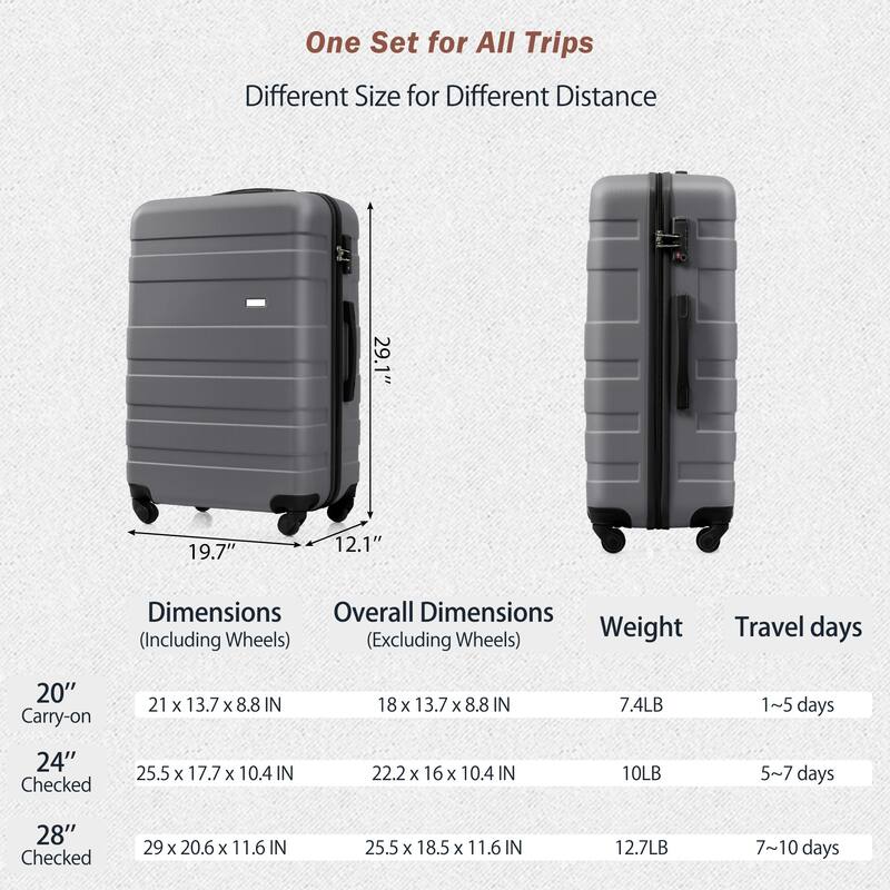 3-Piece, 20, 24, 28-Inch Modern Hard-Shell Luggage with Spinner Wheels and TSA Lock, for Boarding Travel