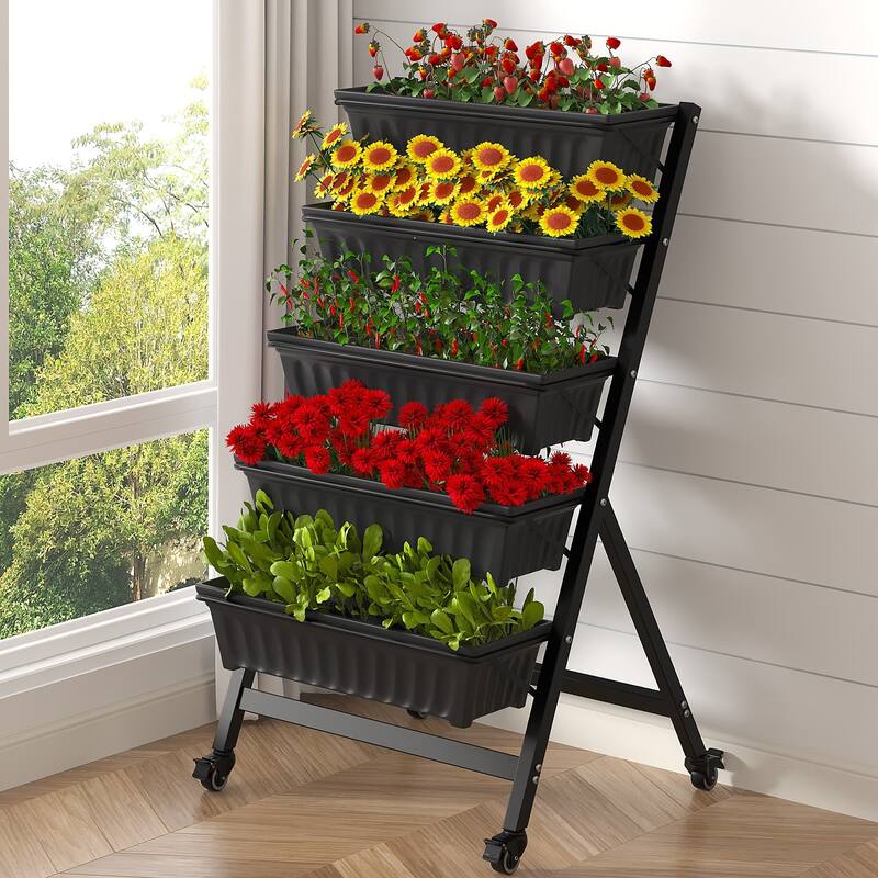 VECELO 5-Tier Rolling Plant Stand with Wheels Black Metal Tiered Plant Shelf with Removable Trays for Indoor Outdoor Garden Use
