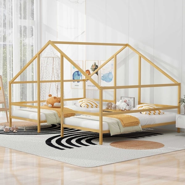 slide 2 of 14, Metal Double Twin Size Triangular House Beds with Built-in Table, Use as Platform Beds or Sofa Beds with Roof
