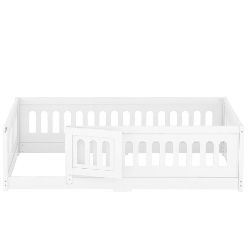 Solid Wood Montessori Floor Bed with Fence and Door, No Slats Included