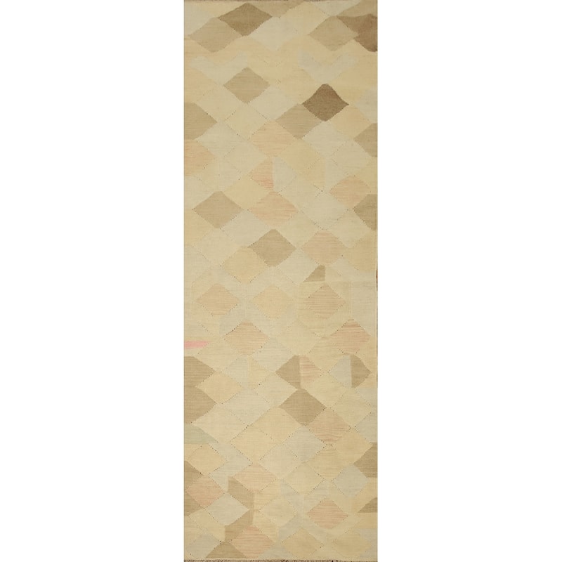 Hand Woven Oriental 100% Wool Carpet Southwestern Modern Beige & Ivories Kilim Runner Rug - 9' 9'' X 2' 6''