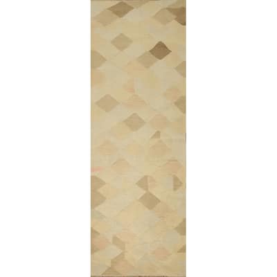 Hand Woven Oriental 100% Wool Carpet Southwestern Modern Beige & Ivories Kilim Runner Rug - 9' 9'' X 2' 6''