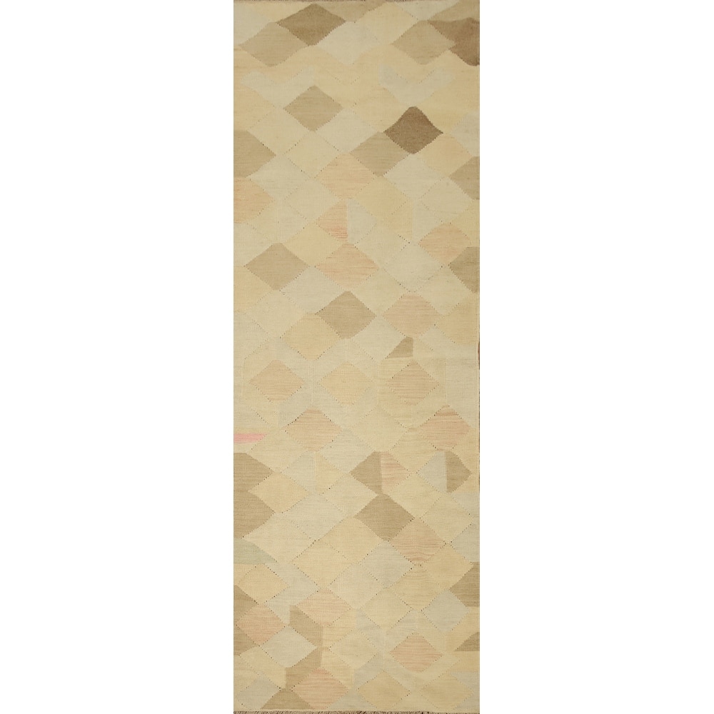 Hand Woven Oriental 100% Wool Carpet Southwestern Modern Beige & Ivories Kilim Runner Rug - 9' 9'' X 2' 6''