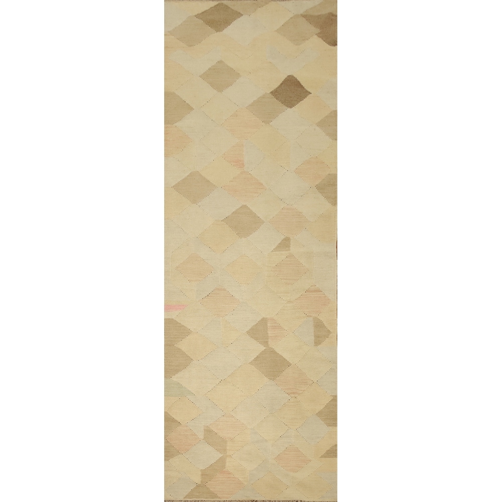 Hand Woven Oriental 100% Wool Carpet Southwestern Modern Beige & Ivories Kilim Runner Rug - 9' 9'' X 2' 6''