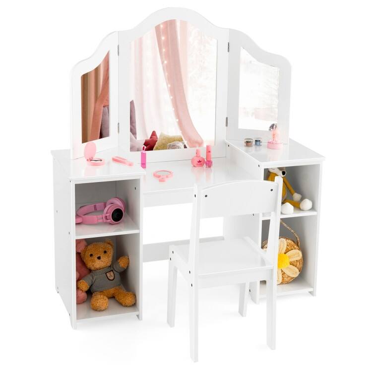 Kids Vanity Table and Chair Set with Removable Tri-Folding Mirror - 41" x 16" x 46"