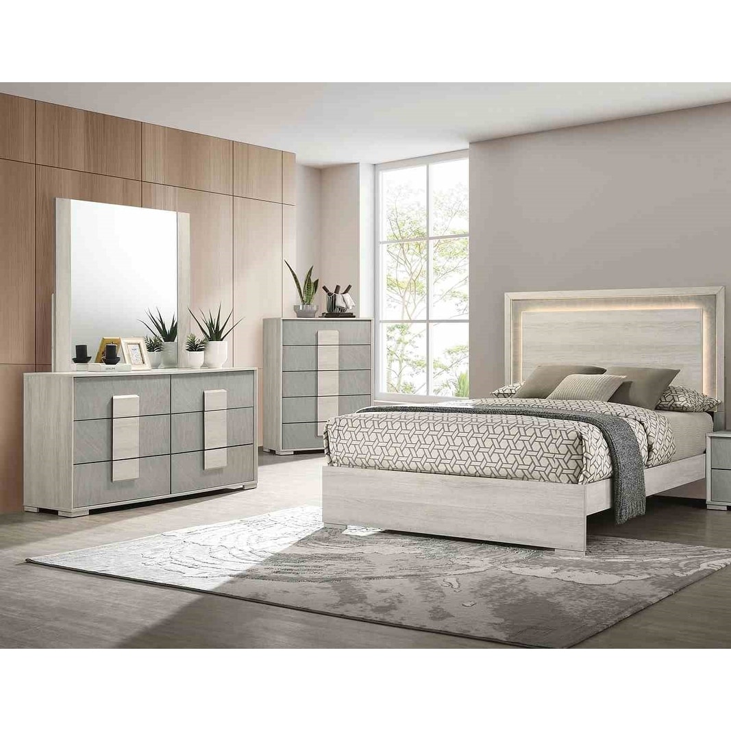 Modern Bed Chest Dresser Mirror 4pc Antique White Finish Bedroom Set