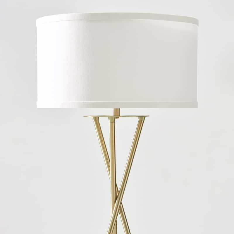 Brightech Jaxon 60 in. Antique Brass Mid-Century Modern LED Super Bright Floor Lamp with White Fabric Drum Shade