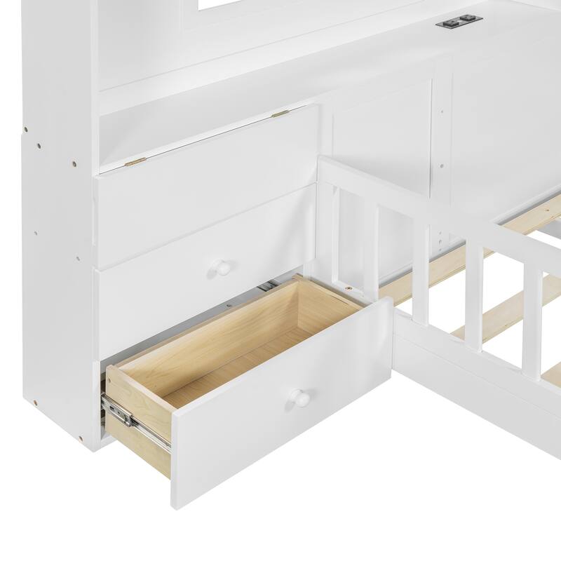 Wooden Floor Platform Bed with House Shape Storage Wingback Headboard, House Bed with USB, Window and Bedside Drawers