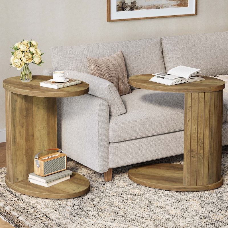 C-Shaped End Table for Couch, Fluted Sofa Side Table for Small Space