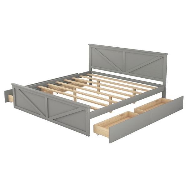 King Size Wooden Platform Bed with Four Storage Drawers and
