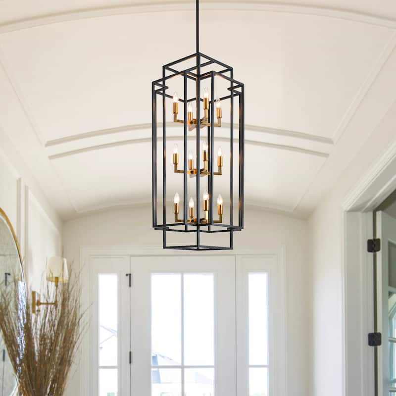 12 Light Black Industrial Metal Chandelier Fixture Rustic Lantern Pendant Lighting - Black