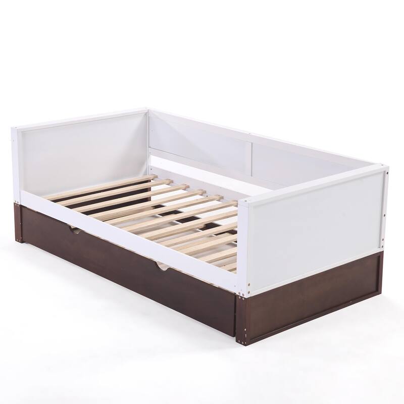 Convertible Twin Daybed with Trundle - Solid Wood Sofa Bed Frame, 350lbs Capacity, Locking Wheels