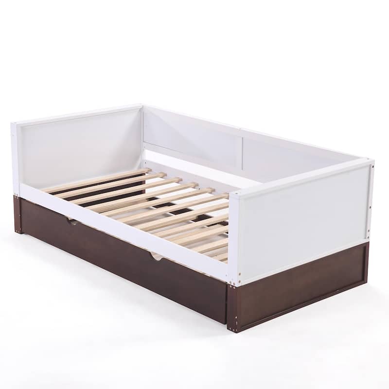 Twin Daybed with Trundle - Solid Wood Sofa Bed Frame, 350lbs Capacity, Locking Wheels , Multi-Functional for Living Room