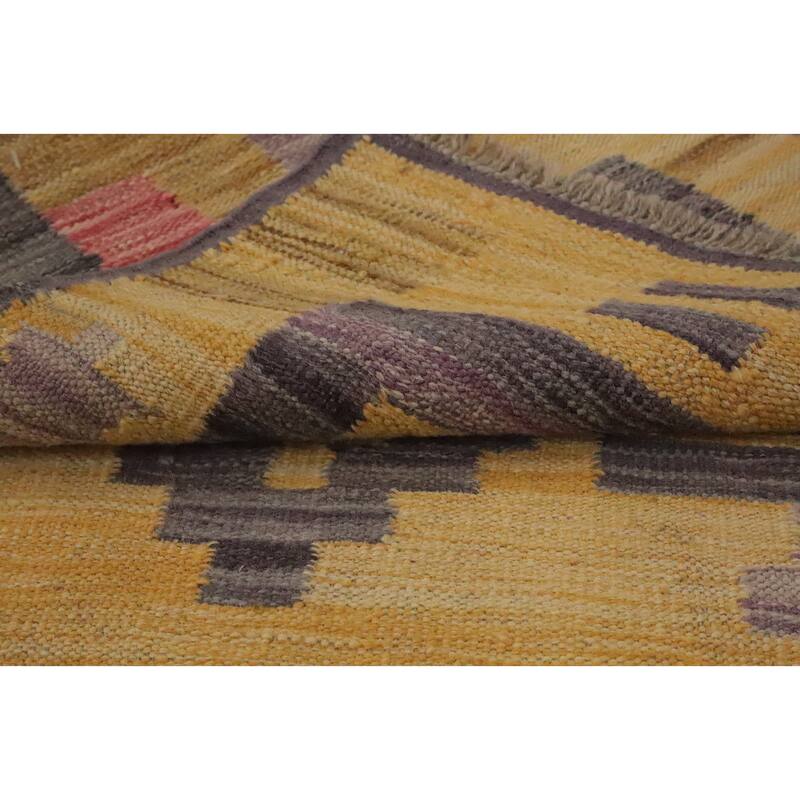 Hand Woven Oriental 100% Wool Carpet Southwestern Tribal Yellow & Gold Kilim Runner Rug - 11' 10'' X 2' 7''