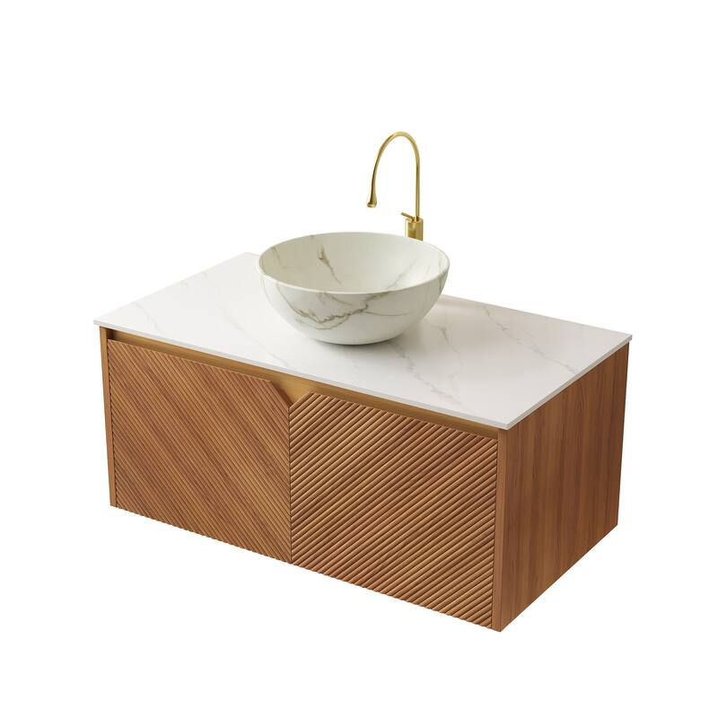 Floating Bathroom Vanity with Sintered Stone Top and Ceramic Vessel Basin