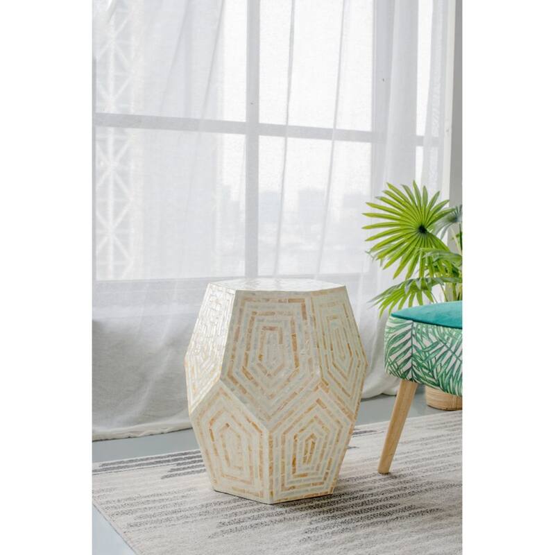 Hexagonal Capiz Shell Inlay Accent Stool - 21" - Cream and Beige