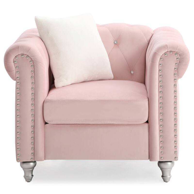 Solid Tufted Velvet Accent Chair with Throw Pillow - 38" - Pink