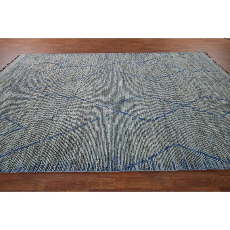 Moroccan Oriental Area Rug Hand-Knotted Blue Wool Carpet - 8'9" x 12'9"