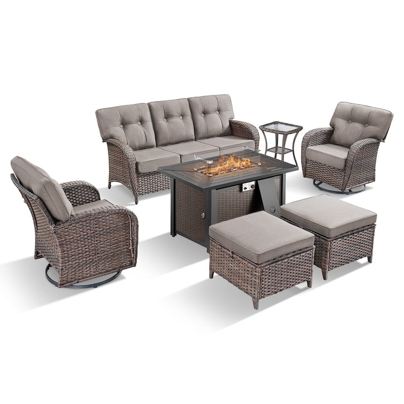 TWrap Wicker Patio Iron Fire Pit Conversation Set with 3-Seat Sofa & Swivel Gliders