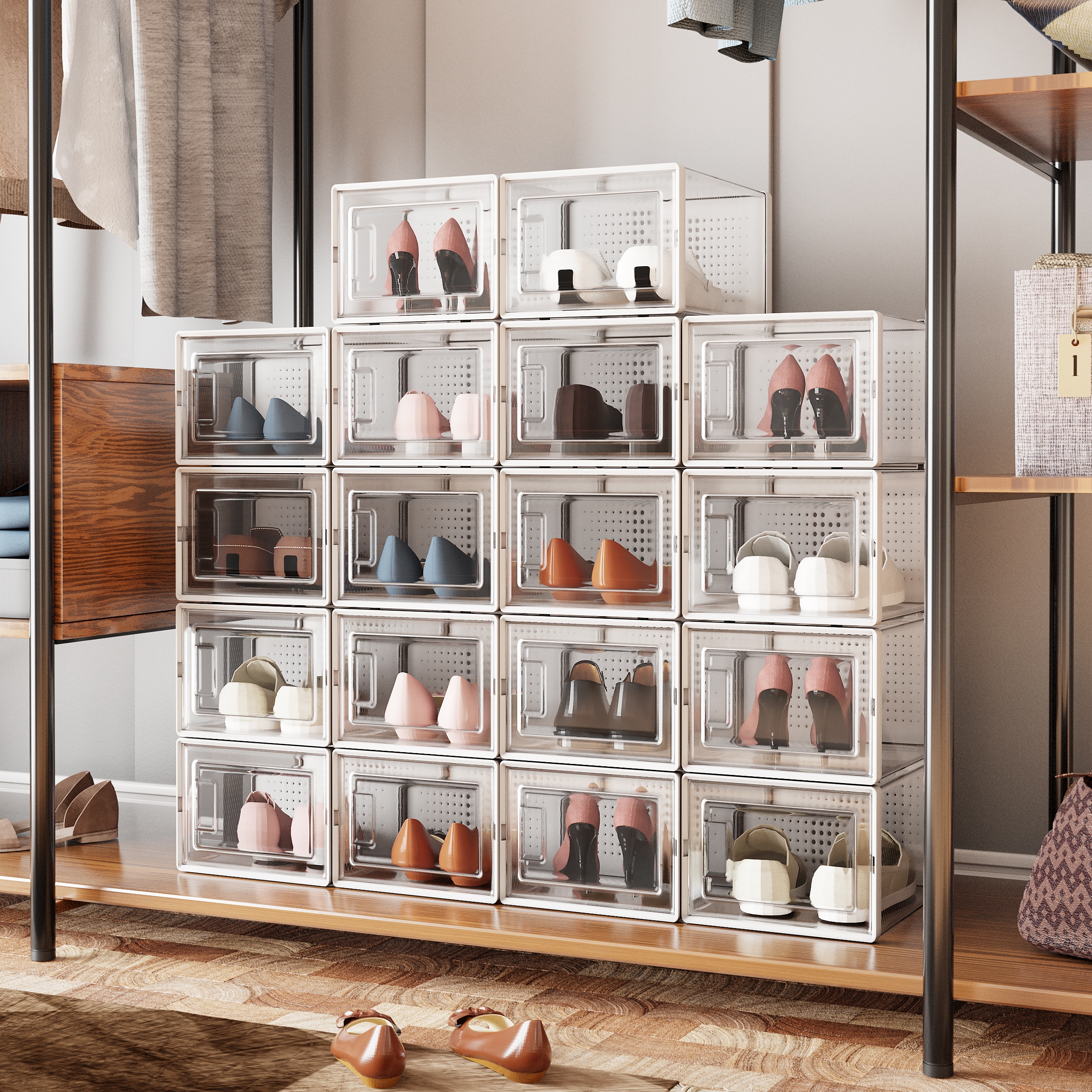 Stackable Transparent Plastic Foldable Shoe Storage Box Set of 18 18 piece