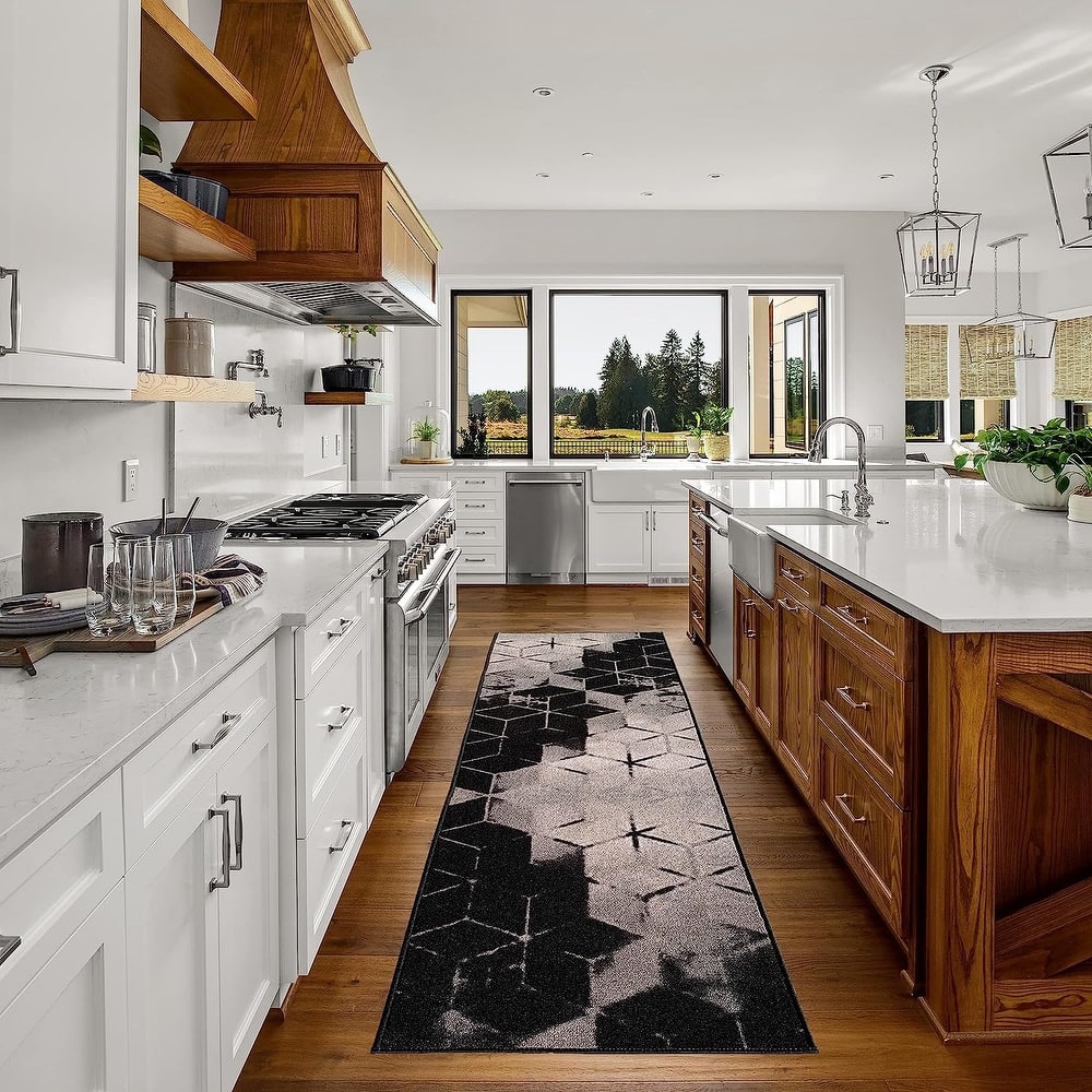 Custom Size Cubes Abstract Design Black,Brown Color Non-Slip Rubber Backing-26 Inch WidexYour Choice of Length Runner Rug