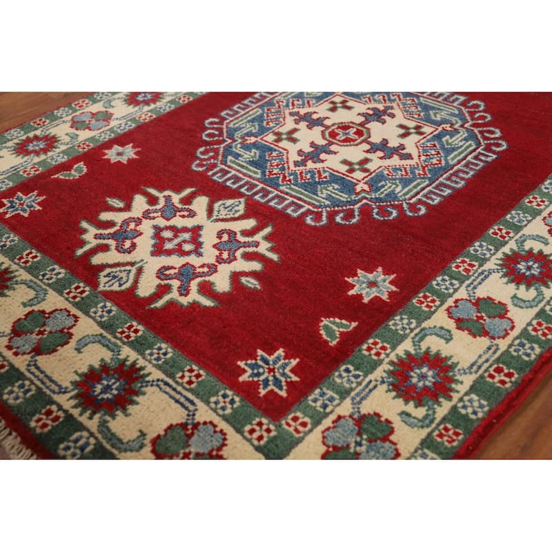 Red Kazak Foyer Rug Geometric Hand-Knotted Wool Carpet - 2'9"x 4'3"