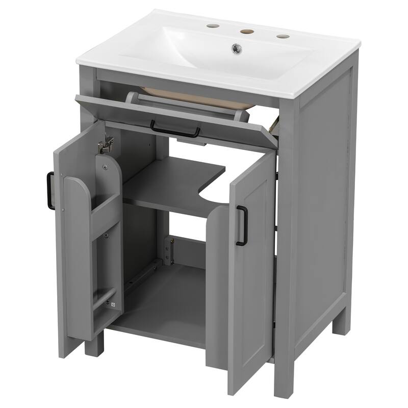 Small Bathroom Vanity with Ceramic Sink, Bathroom Cabinet with 2 Soft Close Doors & Drawers, Freestanding Storage Cabinet