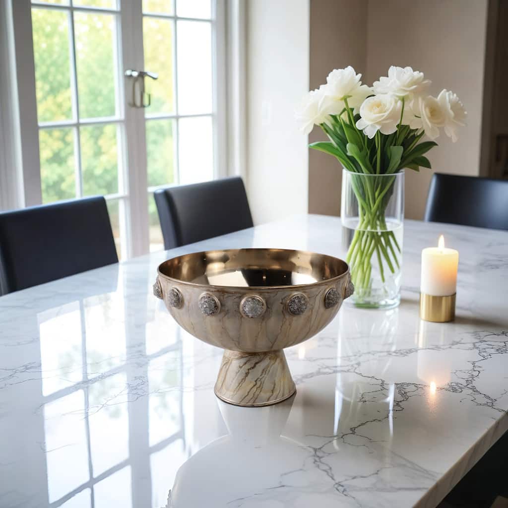 Metal Bowl with Stone Pedestal Base and Crystal Textured Accents