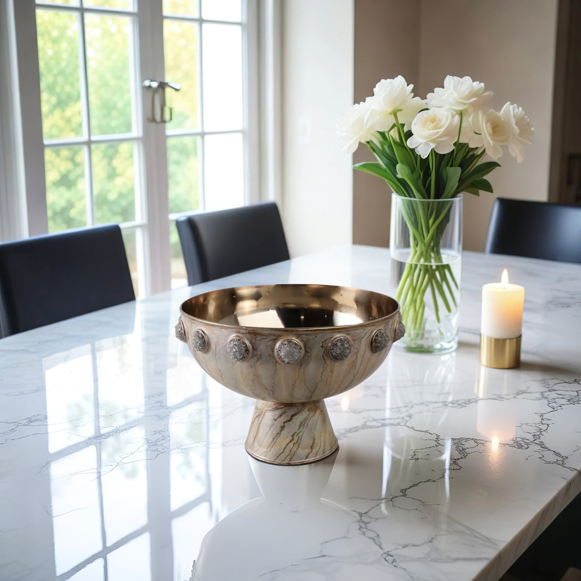 Metal Bowl with Stone Pedestal Base and Crystal Textured Accents