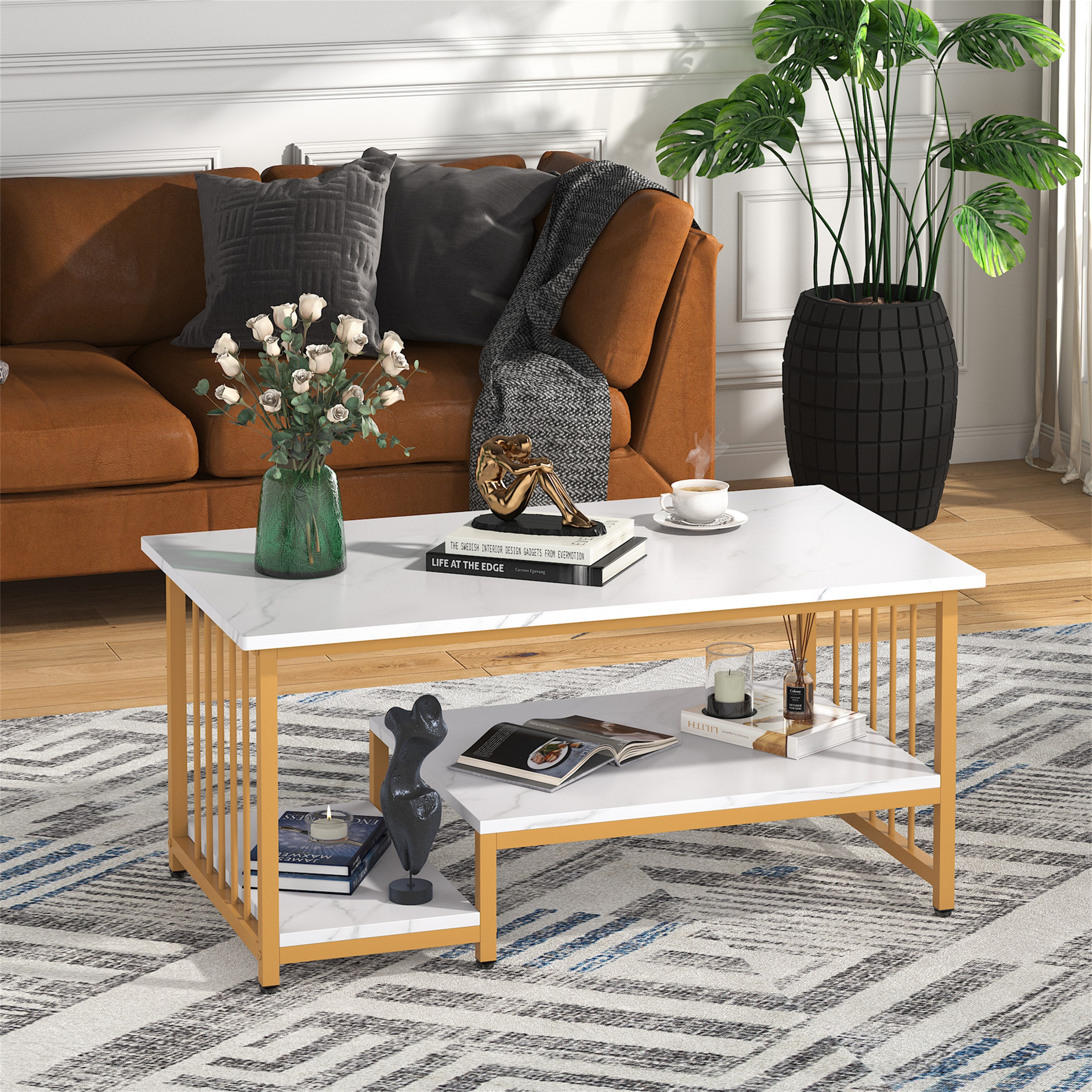 1/ 3 Tier Modern Coffee Console Table with Faux Marble Top and Steel Gold Frame 