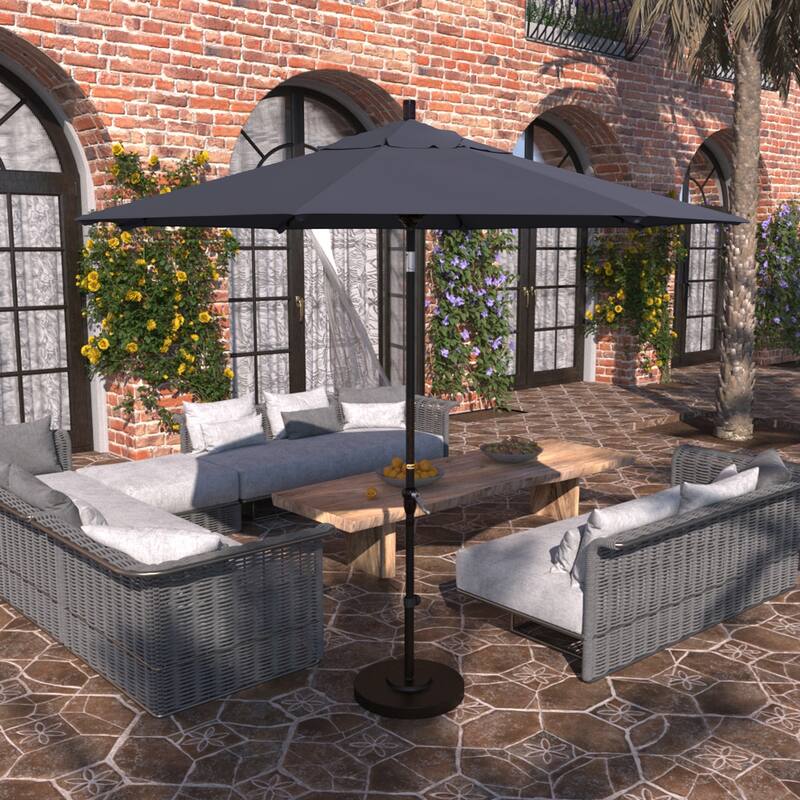 California Umbrella 9' Sunset Series Patio Umbrella Bronze Aluminum Frame and Ribs, Crank Lift Auto Tilt, Sunbrella Cilantro - Navy Blue