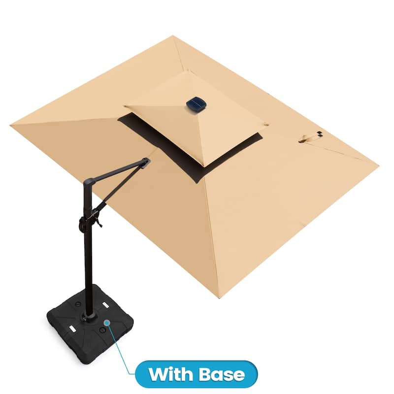 11 ft Outdoor Aluminum Dual Top Solar Powered LED Lighted Patio Cantilever Umbrella and Weighted Base - Tan with Base