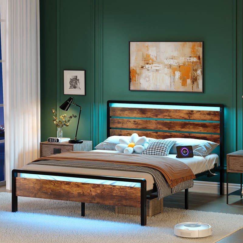 Bed Frame with LED Light and Charging Station, Metal Platform Bed with Wood Headboard
