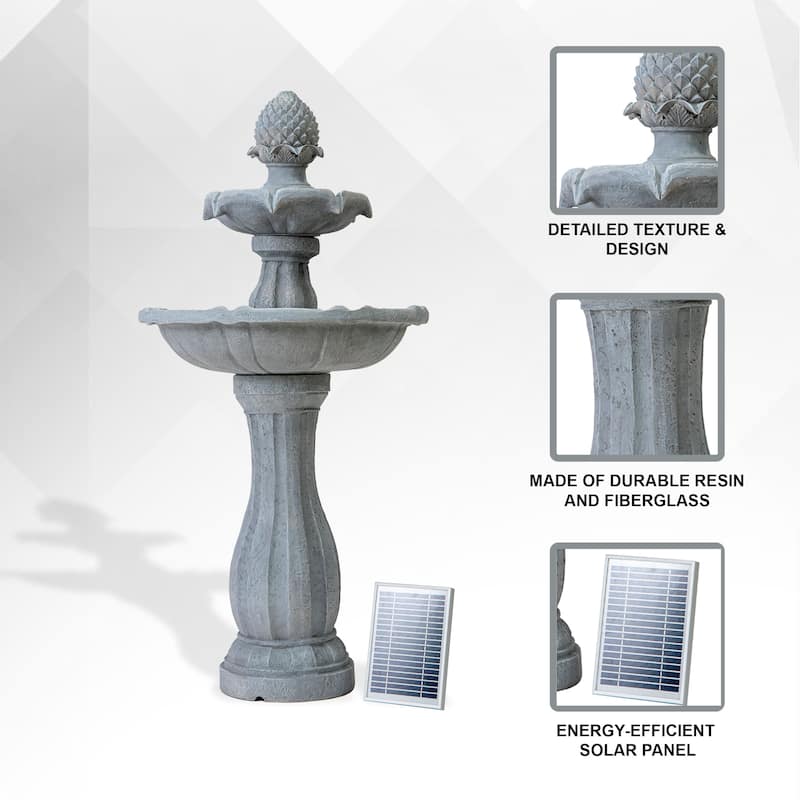 XBrand 44" H Fiberglass/Resin 2-Tier Solar Water Fountain w/ Solar Panel and Auto-Shut Off Pump, Solar Garden Fountain