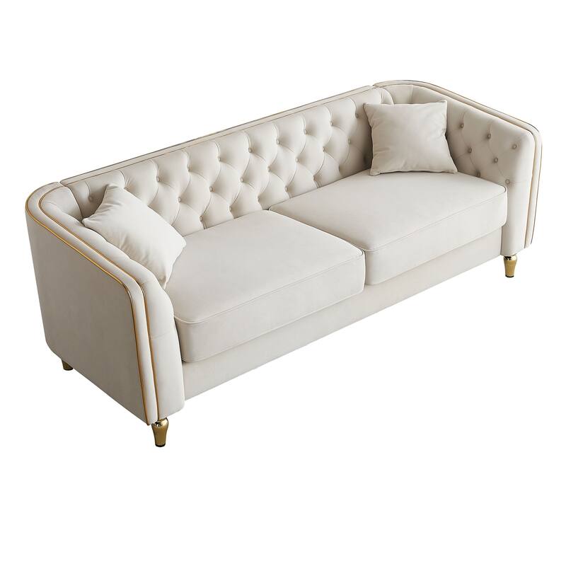 87.01" Velvet Corduroy Modern Classic 3-Seater Sofa with Solid Pine Wood Frame, Includes 2 Throw Pillows