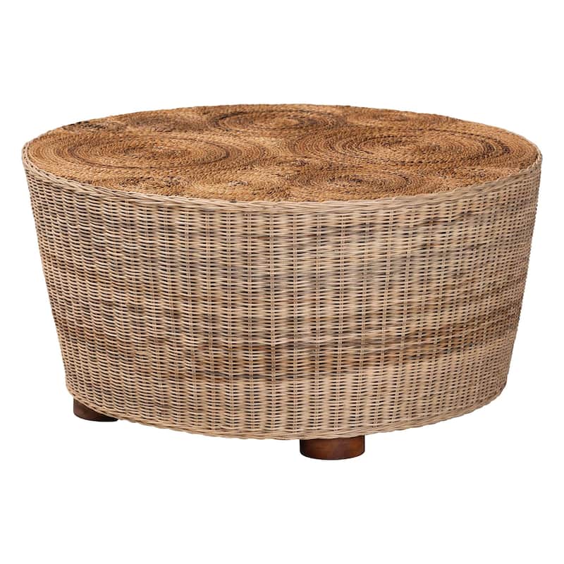 Hosanna Natural Rattan Coffee Table - Handwoven Wicker Accent Table with Textured Spiral Top for Living Room - Natural Brown/Walnut Brown