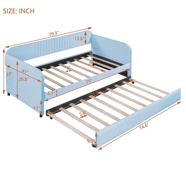 dimension image slide 1 of 3, Upholstered Sofa Bed Frame Twin Size Daybed w/ Pull-out Twin Size Bed
