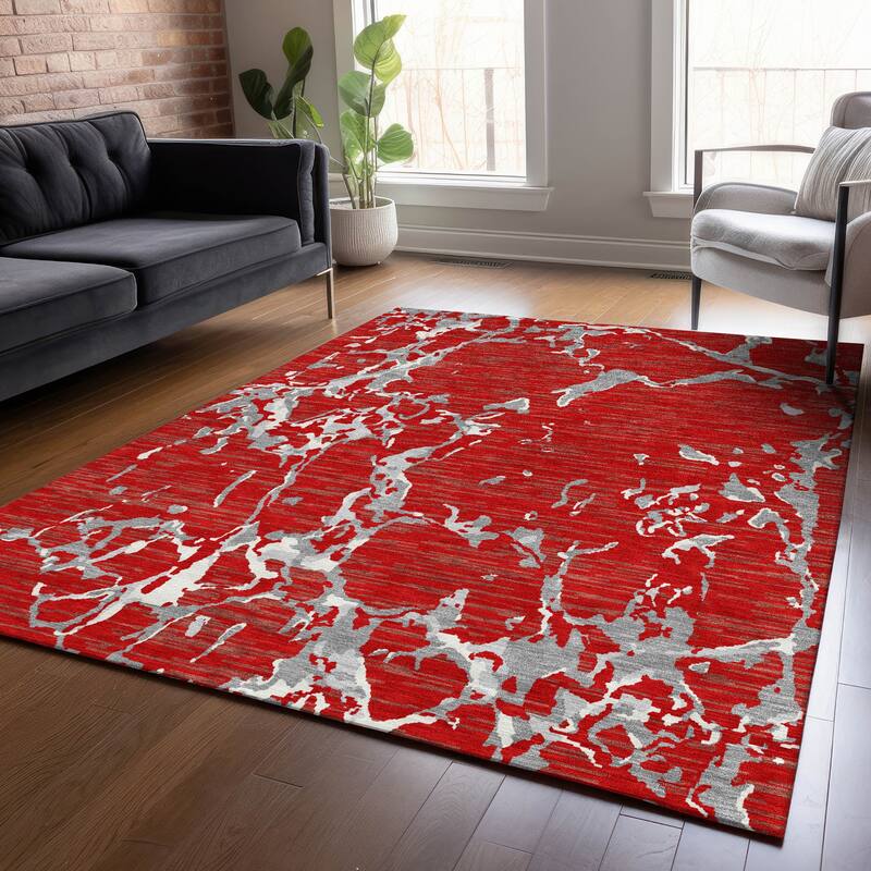 Machine Washable Indoor/ Outdoor Abstract Camo Chantille Rug - Red - 3' x 5'