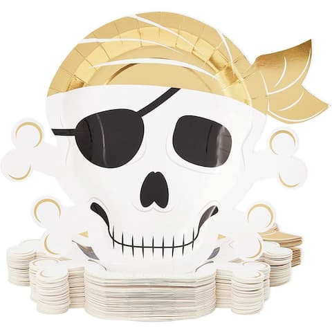 48 Pirate Paper Plates Skull Crossbones Birthday Party Supplies Baby Shower Gold - 9" X 9"