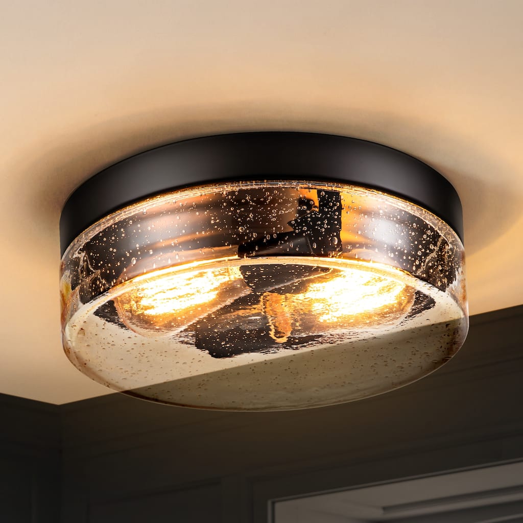 11.2" 2-Light Black Farmhouse Dome Flush Mount Ceiling Light with Seeded Glass Shade for Hallway,Kitchen, Entryway and Foyer
