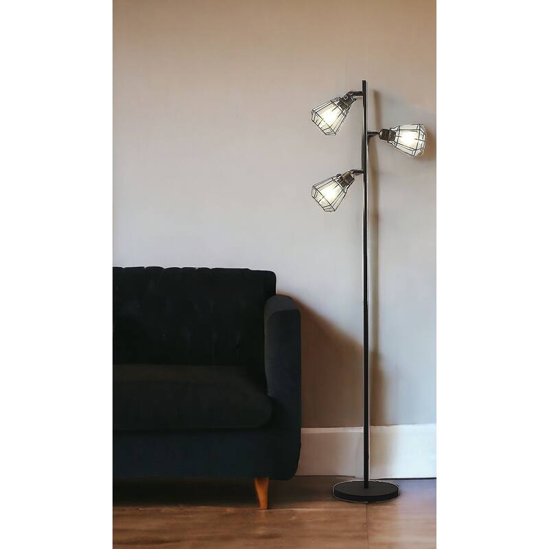 HomeRoots 66" Black Metal Three Light Tree Floor Lamp With Black Metal Cage Shade - 10