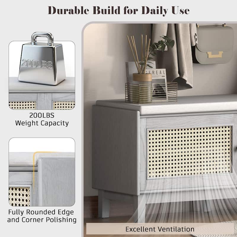 Boho Rattan Entryway Storage Bench with Double Doors