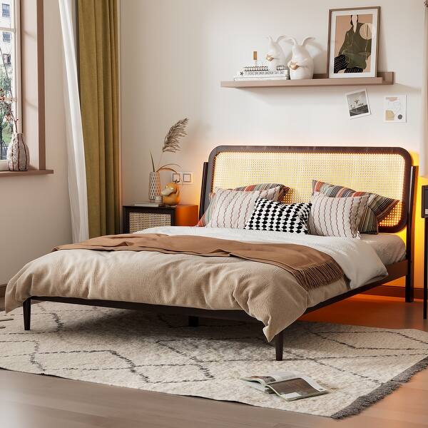 slide 2 of 14, Vintage Platform Bed with Rattan Headboard ,Easy Assembly,Queen Size Antique Espresso - Queen